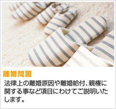 離婚問題　法律上の離婚原因や離婚給付、親権に関する事など項目にわけてご説明いたします。